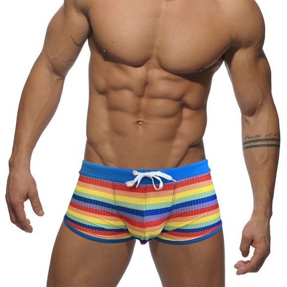 Side Split Mens Swimwear U Pouch Rainbow Beach Swimming Trunks Nylon Quick Dry - Picture 3 of 6
